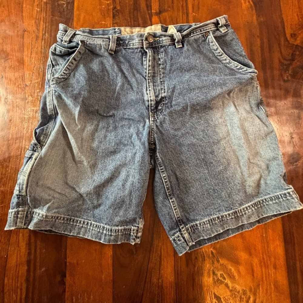 Vintage Eddie Bauer Easy Fit Denim Carpenter Shorts Mens 36 Blue Utility 2598